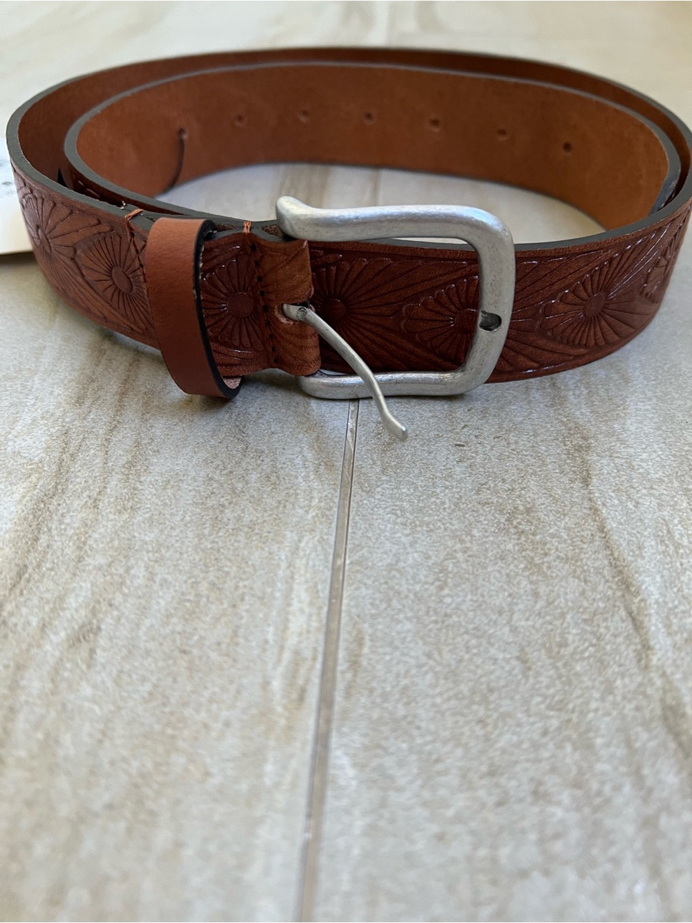 Zara Embossed Brown Leather Belt with Silver Buckle